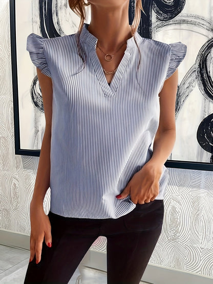 Sadie Delaney | Striped V-Neck Blouse With Ruffle Sleeves