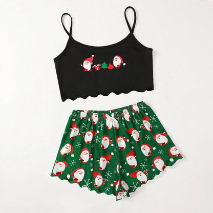 Winter Glow | Black Cami Santa Print Christmas Pyjamas For Women