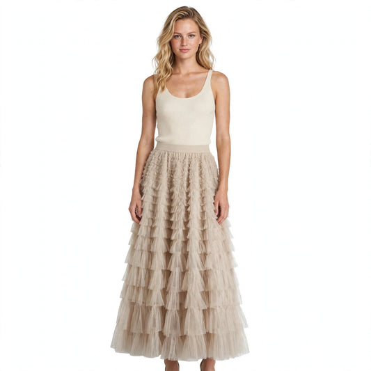 Nadia Ferrensby | Green Tiered Tulle Midi Skirt For Women