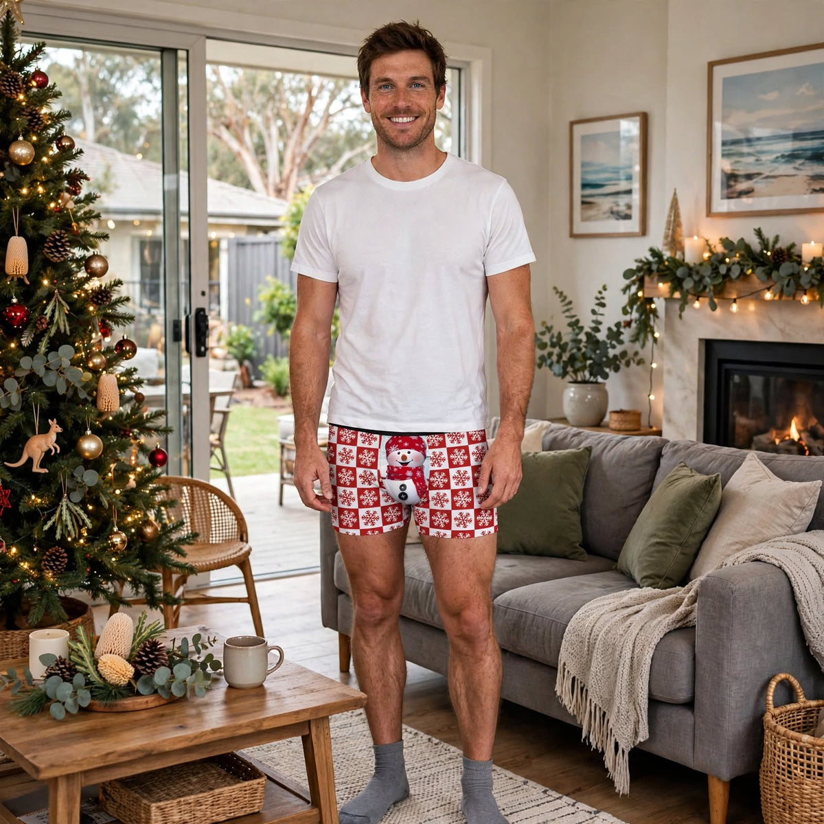 Silent Night | Red Snowman Print Christmas Boxer Briefs For Men