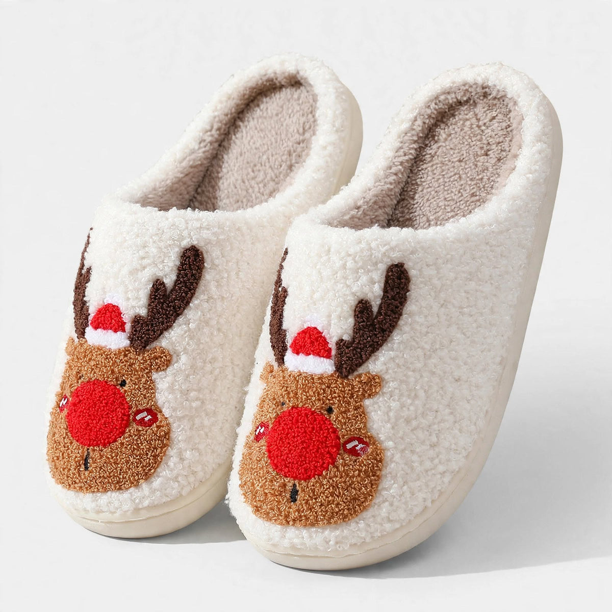 Cocoa Cheer | Cream Reindeer Christmas Slippers For Women