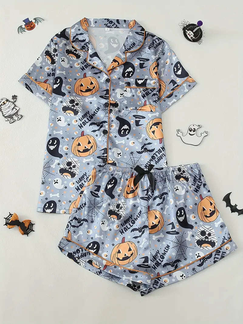 Eloise Marchmont | Ghost Pumpkin Print Satin Pyjama Set For Women
