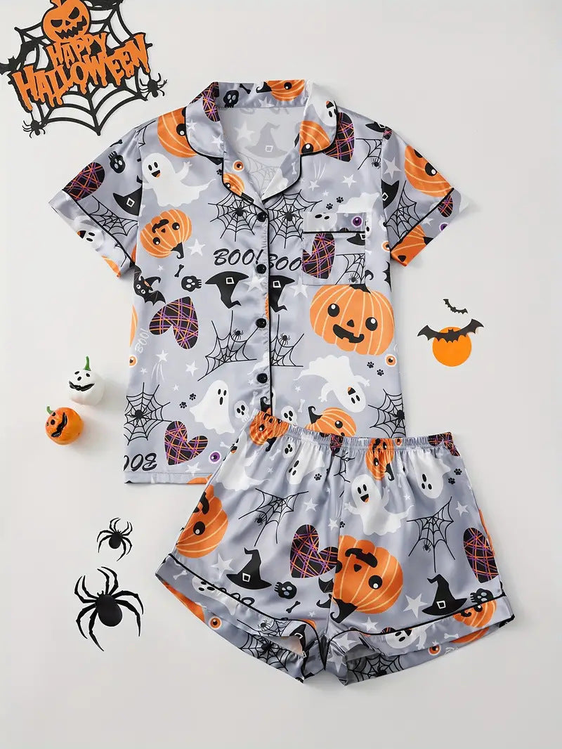 Eloise Marchmont | Ghost Pumpkin Print Satin Pyjama Set For Women