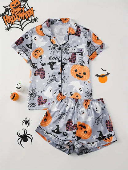 Eloise Marchmont | Ghost Pumpkin Print Satin Pyjama Set For Women
