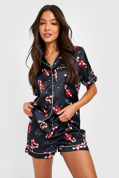 Jolly Night | Satin Santa Print Christmas Pyjamas For Women