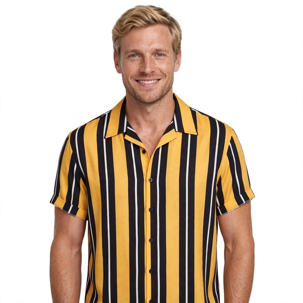 Otto Fairbairn | Yellow Striped Camp Collar Shirt For Men