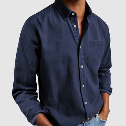 Patrick Young | Navy Long Sleeve Linen Look Shirt For Men