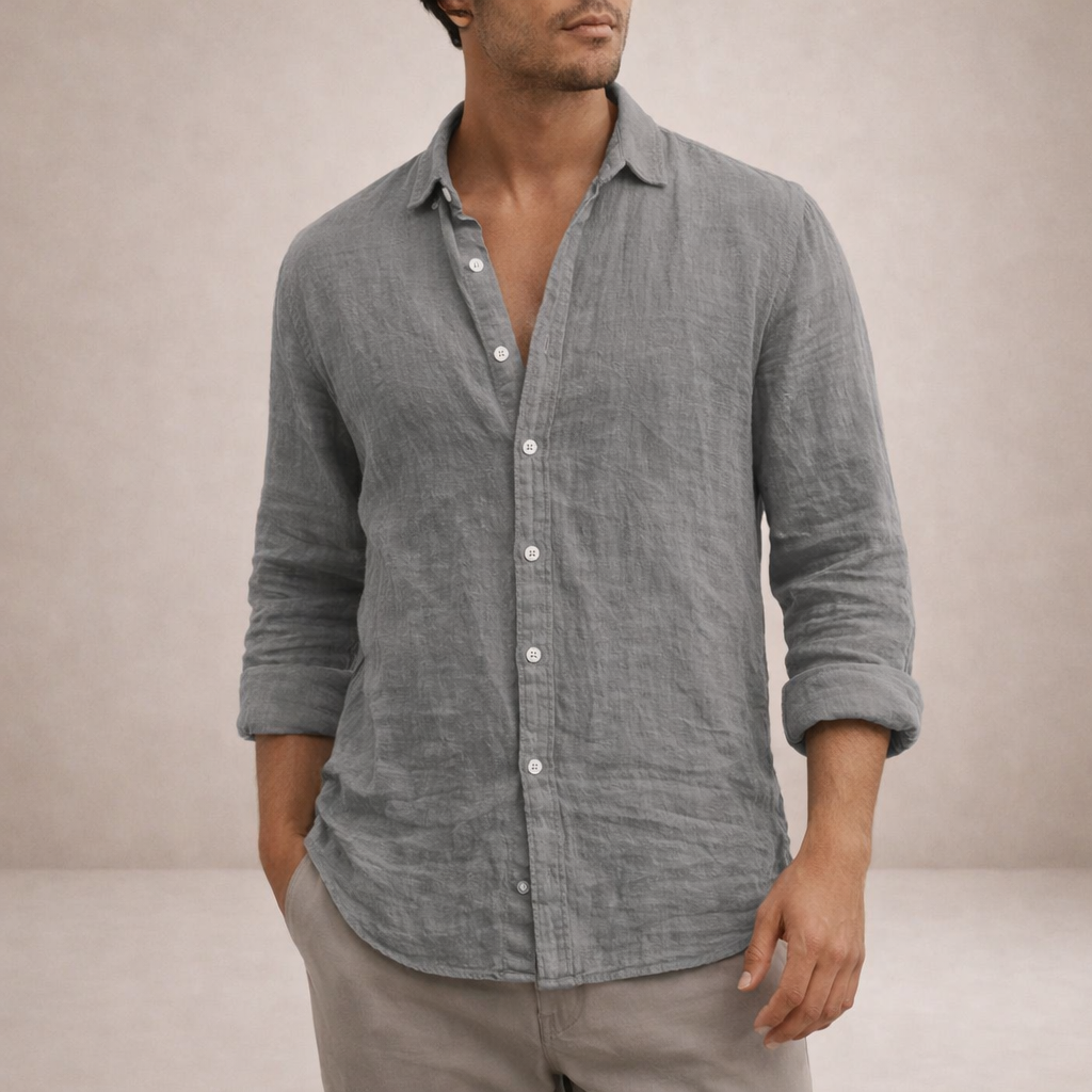 Ethan Brown | Grey Linen Look Button Down Shirt For Men