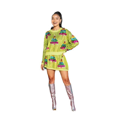 Merry Ember | Sequin Tree Christmas Two-Piece Set For Women