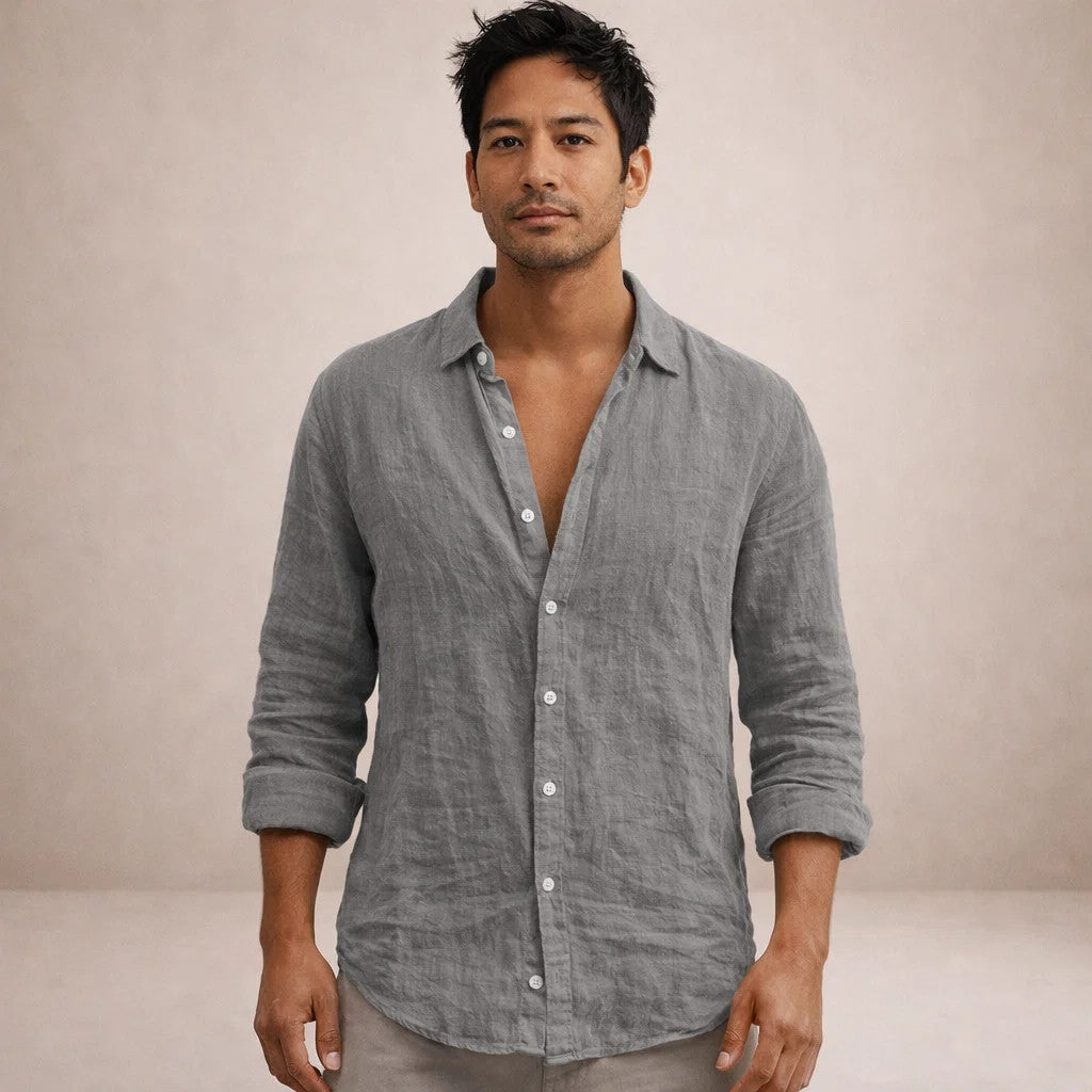 Ethan Brown | Grey Linen Look Button Down Shirt For Men