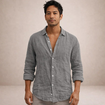 Ethan Brown | Grey Linen Look Button Down Shirt For Men