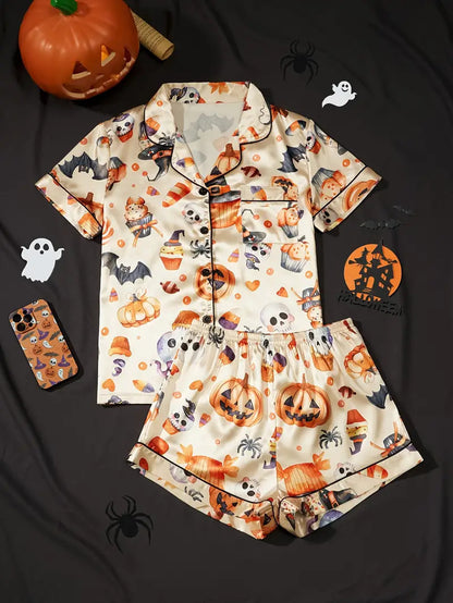 Eloise Marchmont | Ghost Pumpkin Print Satin Pyjama Set For Women