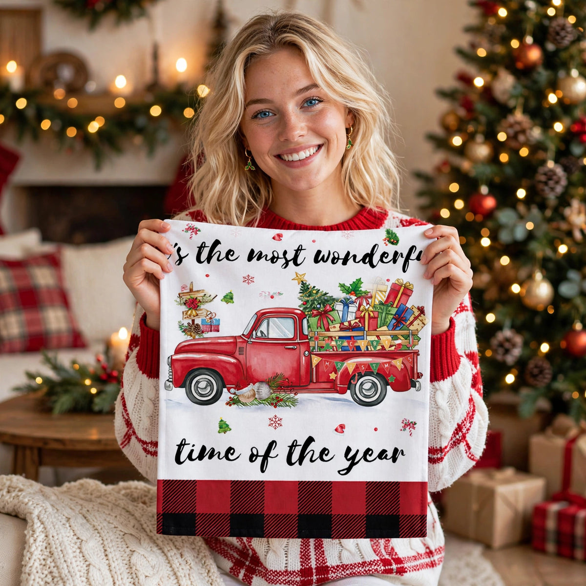 Holly Sprig | Red Buffalo Plaid Trim Christmas Kitchen Towel Unisex