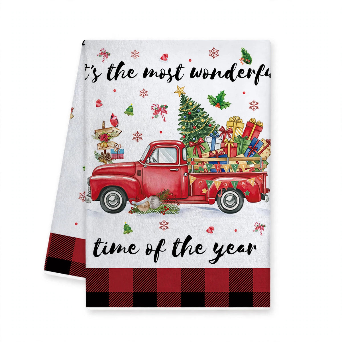 Holly Sprig | Red Buffalo Plaid Trim Christmas Kitchen Towel Unisex