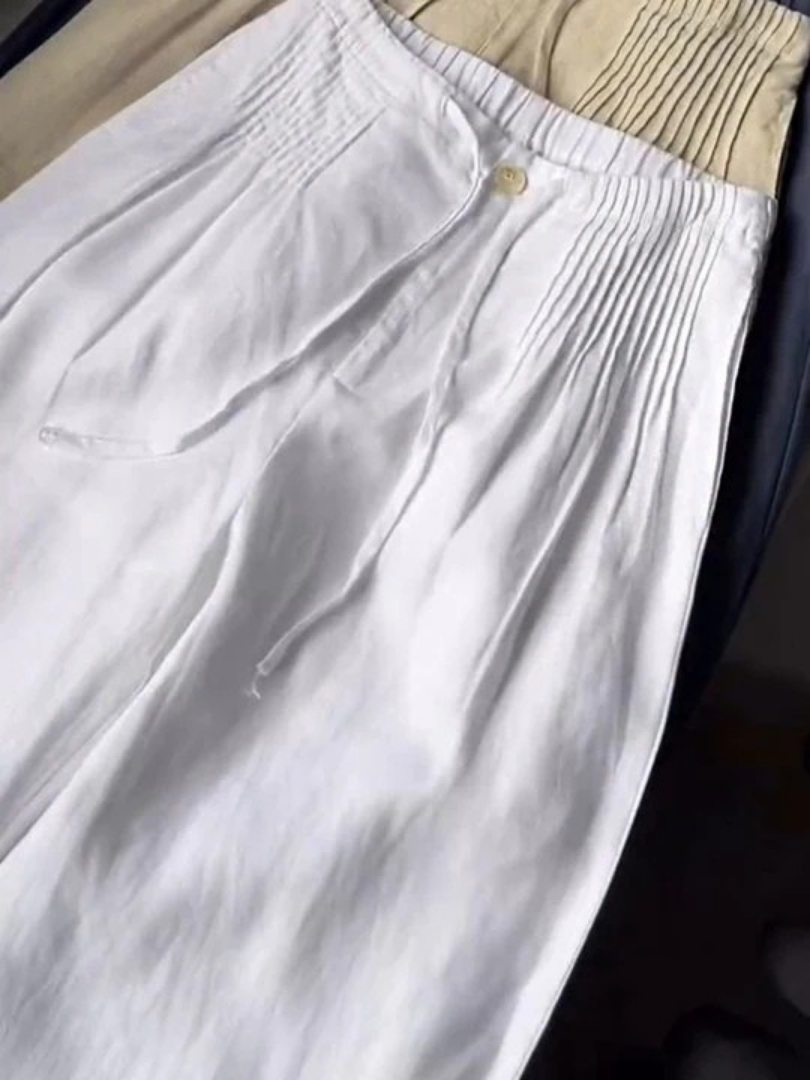 Maren Kelbrook | Navy Pintuck Wide Leg Linen Look Trousers For Women