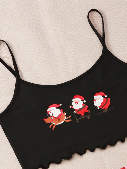 Winter Glow | Black Cami Santa Print Christmas Pyjamas For Women