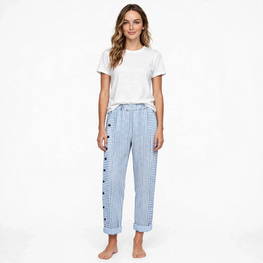 Cordelia Blakeney | Blue Striped Linen Look Trousers With Side Buttons For Women