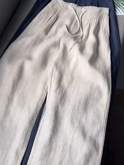 Maren Kelbrook | Navy Pintuck Wide Leg Linen Look Trousers For Women
