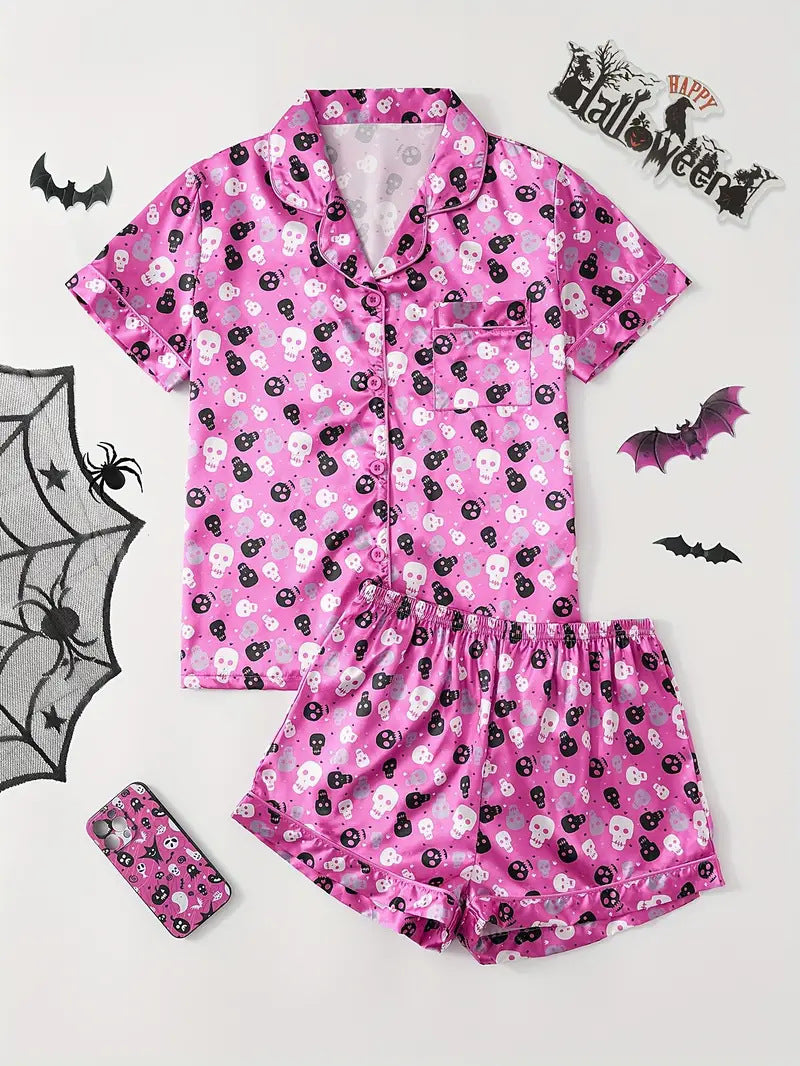Eloise Marchmont | Ghost Pumpkin Print Satin Pyjama Set For Women