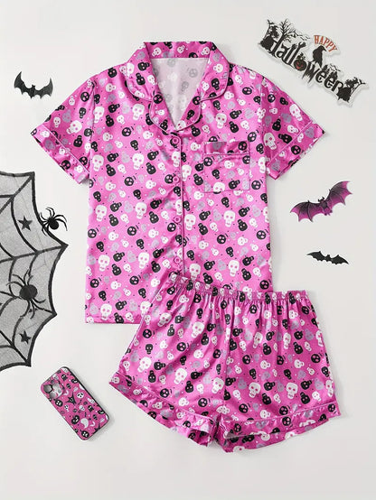 Eloise Marchmont | Ghost Pumpkin Print Satin Pyjama Set For Women