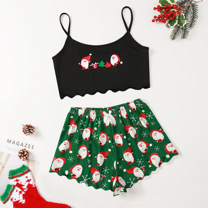 Winter Glow | Black Cami Santa Print Christmas Pyjamas For Women