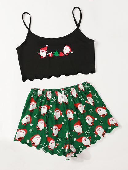 Winter Glow | Black Cami Santa Print Christmas Pyjamas For Women