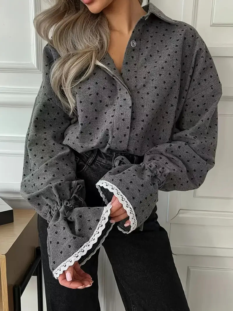 Orla Sheridan | Heart Print Shirt With Lace Cuffs For Women