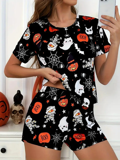 Eloise Marchmont | Ghost Pumpkin Print Satin Pyjama Set For Women