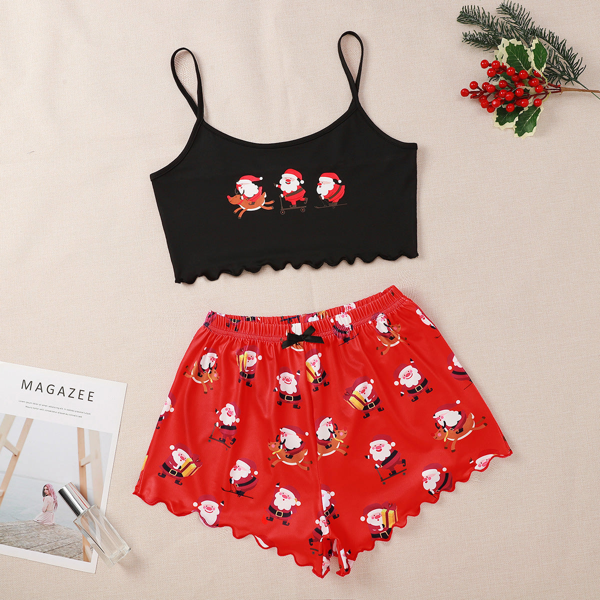 Winter Glow | Black Cami Santa Print Christmas Pyjamas For Women