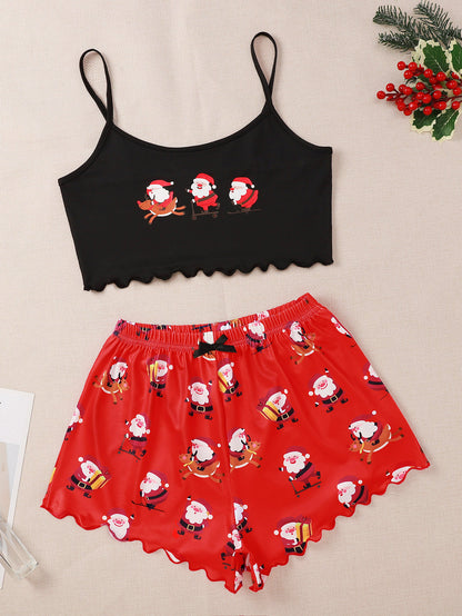 Winter Glow | Black Cami Santa Print Christmas Pyjamas For Women