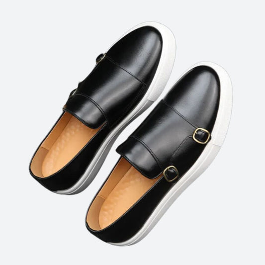 Angus Tully | Black Leather Double Monk Strap Shoes For Men