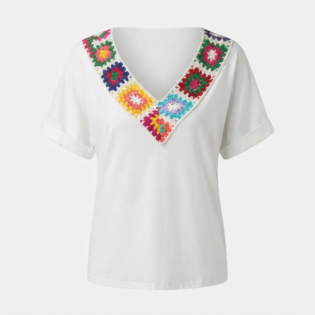 Bridget Callahan | V-Neck Tee With Crochet Trim For Women