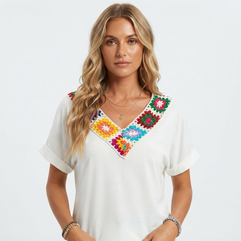 Bridget Callahan | V-Neck Tee With Crochet Trim For Women