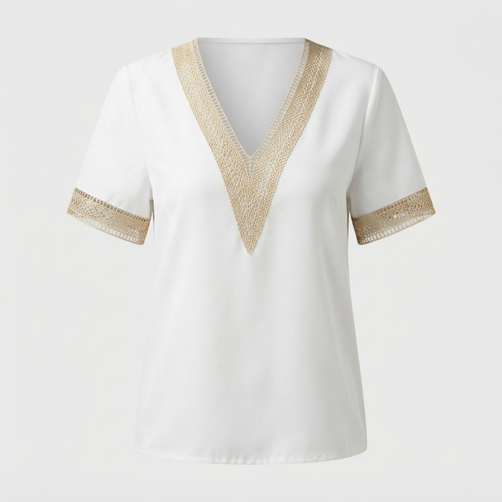 Elsie Radcliffe | Embroidered V-Neck Blouse With Gold Trim For Women