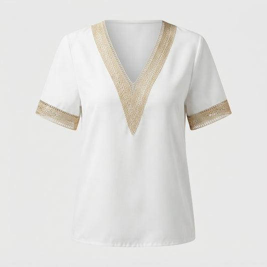 Elsie Radcliffe | Embroidered V-Neck Blouse With Gold Trim For Women
