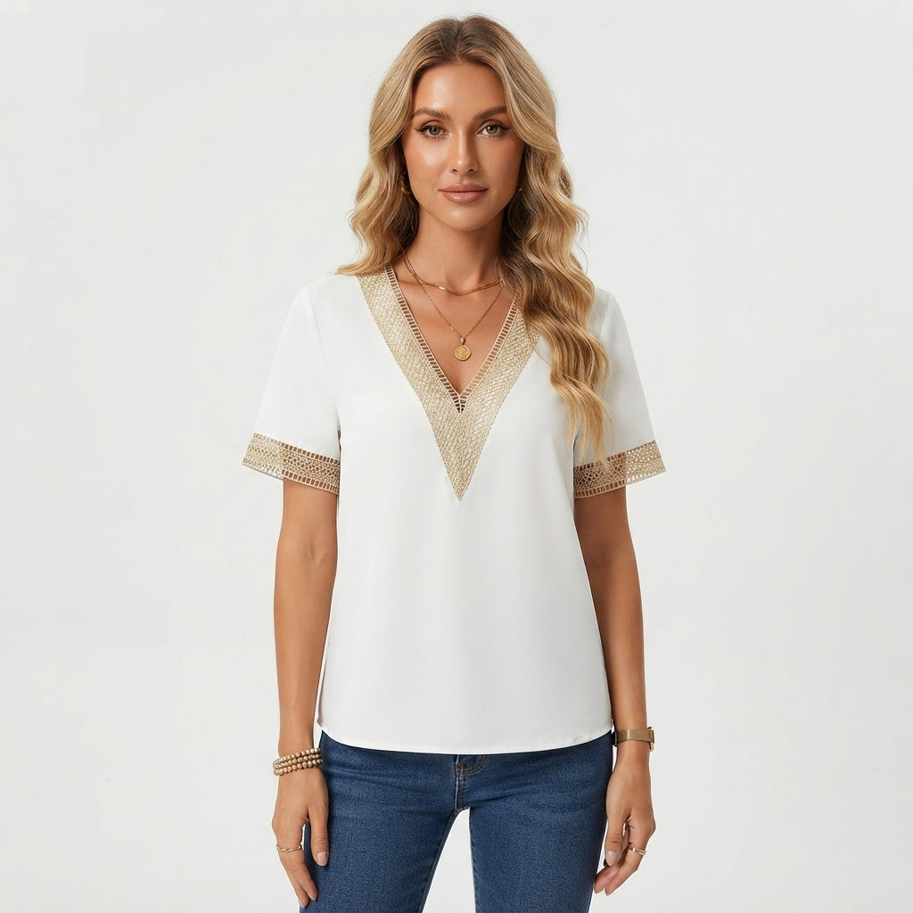 Elsie Radcliffe | Embroidered V-Neck Blouse With Gold Trim For Women