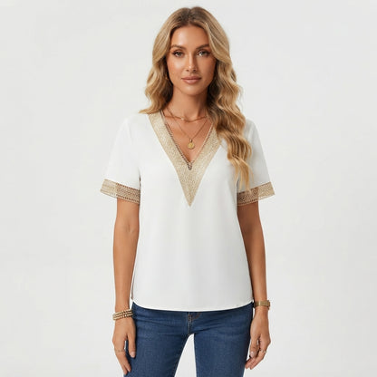 Elsie Radcliffe | Embroidered V-Neck Blouse With Gold Trim For Women