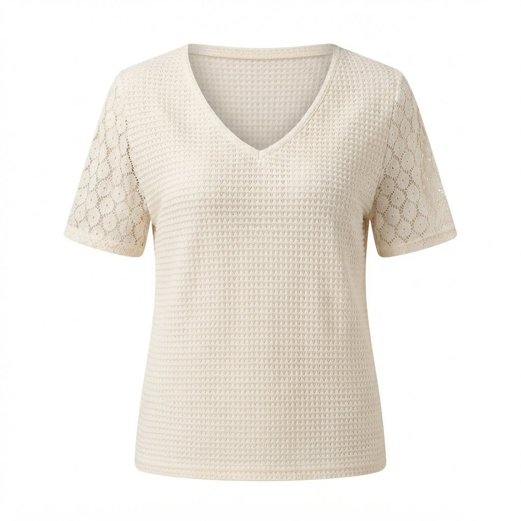 Tessa Sheldon | Waffle Knit Top With Lace Sleeves For Women