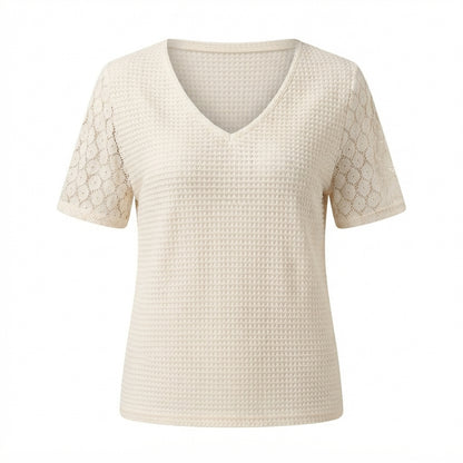 Tessa Sheldon | Waffle Knit Top With Lace Sleeves For Women