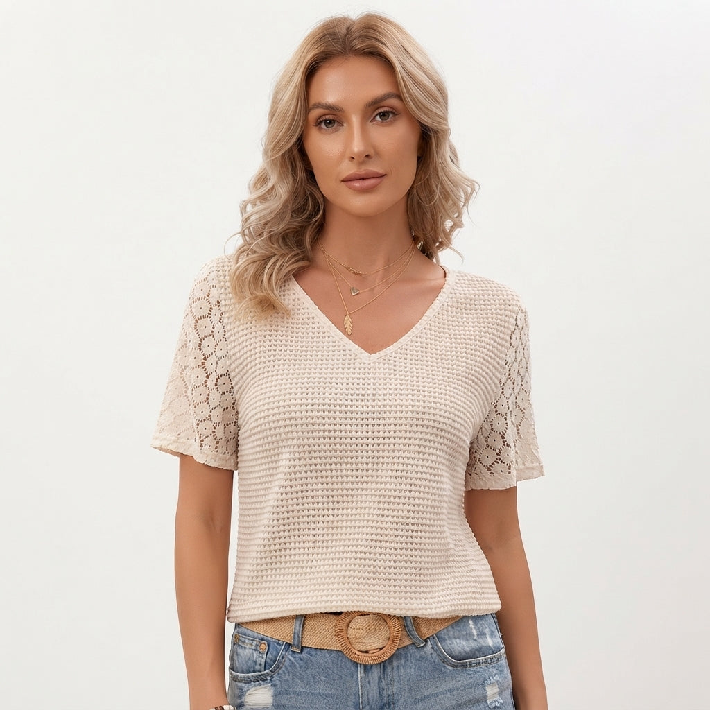Tessa Sheldon | Waffle Knit Top With Lace Sleeves For Women