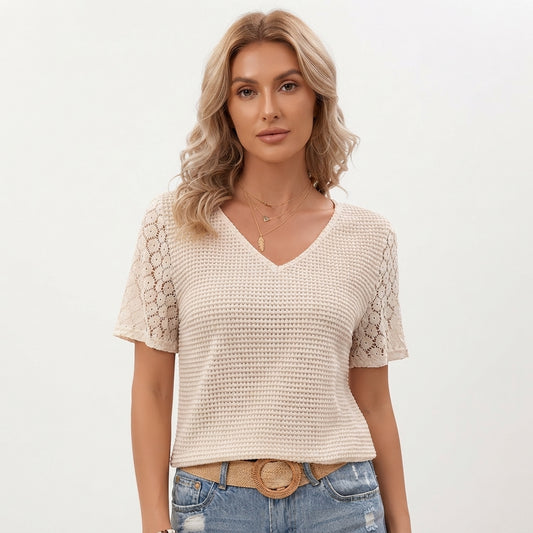 Tessa Sheldon | Waffle Knit Top With Lace Sleeves For Women