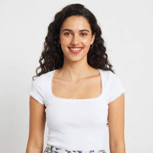Harriet Nash | Ribbed Knit T-Shirt With Lace Trim For Women