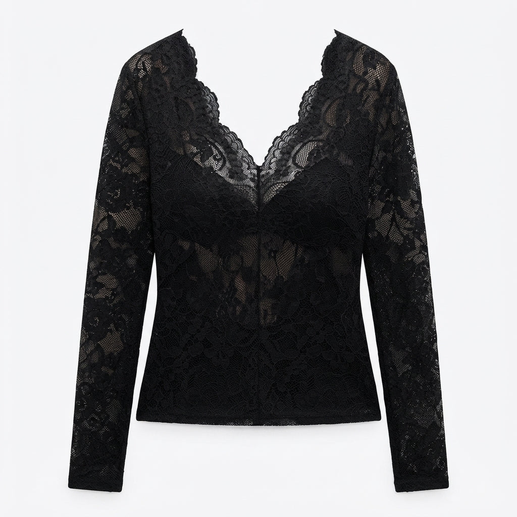 Vivienne Blackwood | Lace Blouse With Scalloped V-Neck For Women