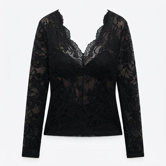 Vivienne Blackwood | Lace Blouse With Scalloped V-Neck For Women