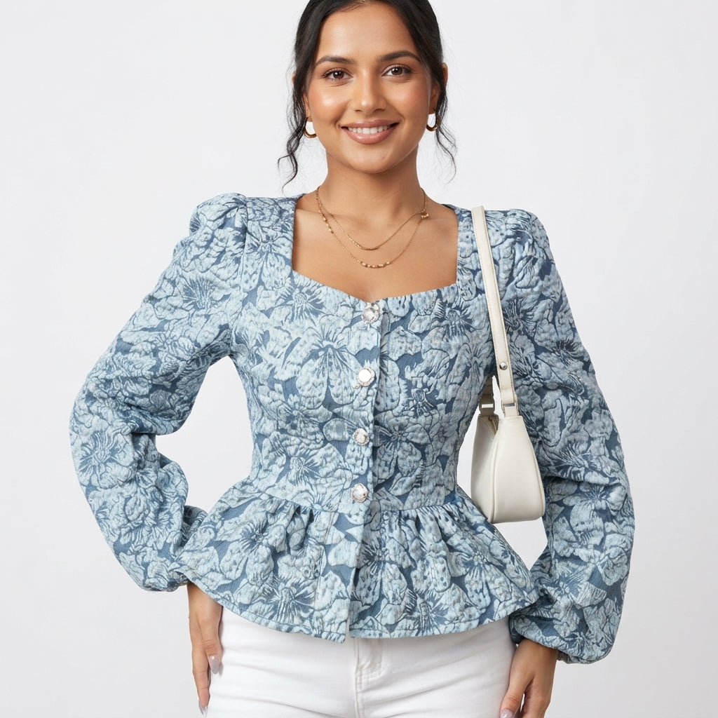 Marnie Sheldon | Floral Jacquard Peplum Top For Women