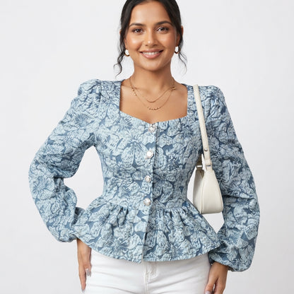 Marnie Sheldon | Floral Jacquard Peplum Top For Women
