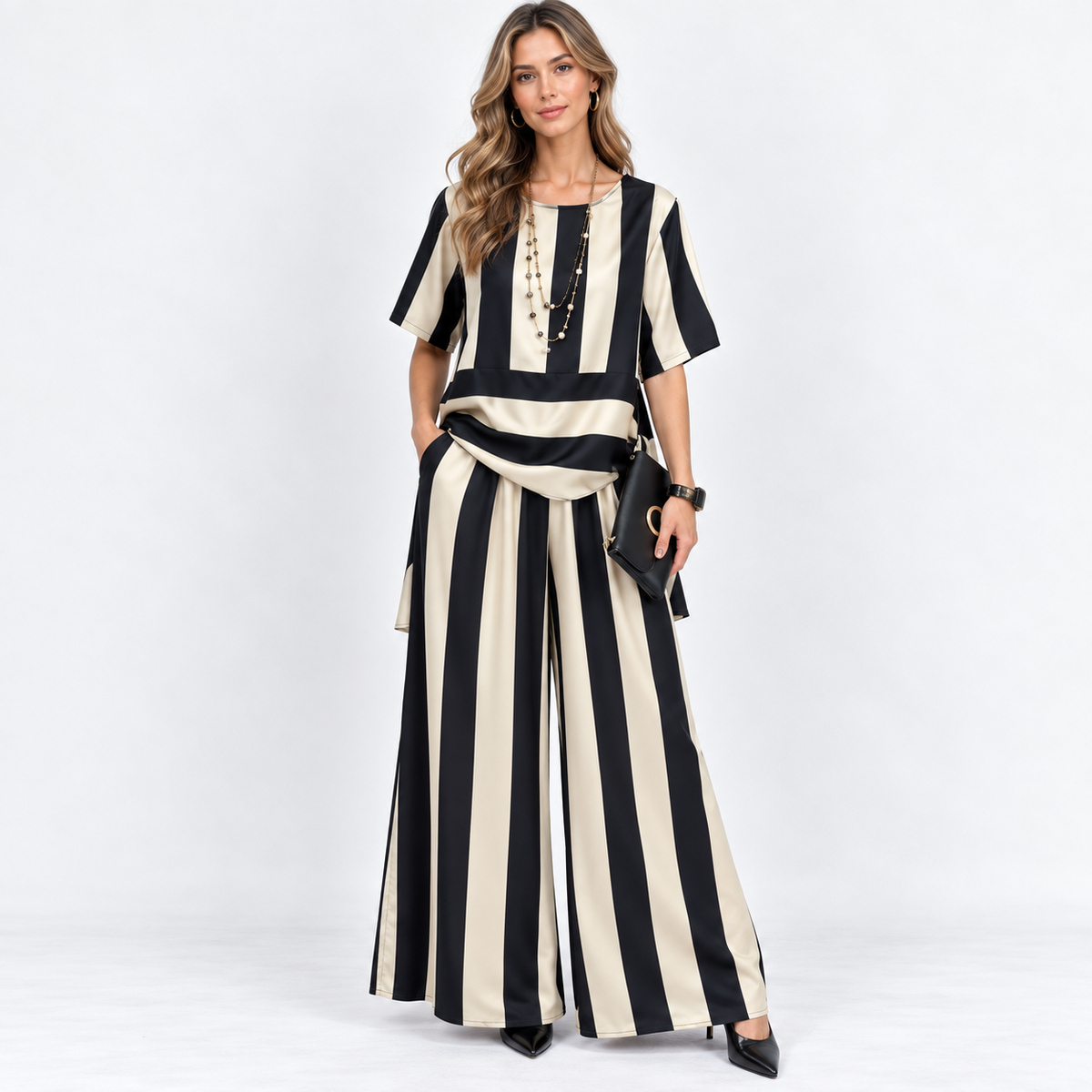 Isla Beaumont | Striped Wide-Leg Two-Piece Set For Women
