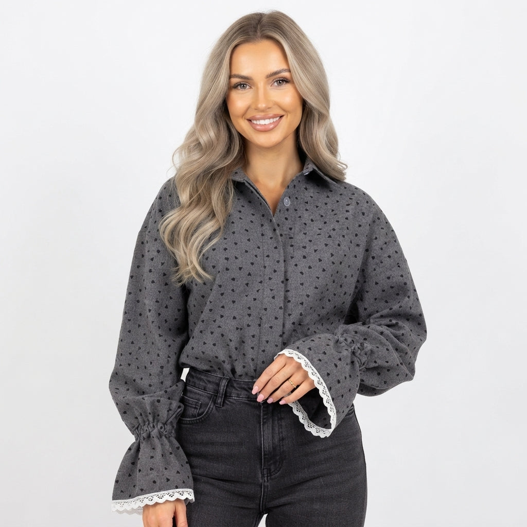 Orla Sheridan | Heart Print Shirt With Lace Cuffs For Women