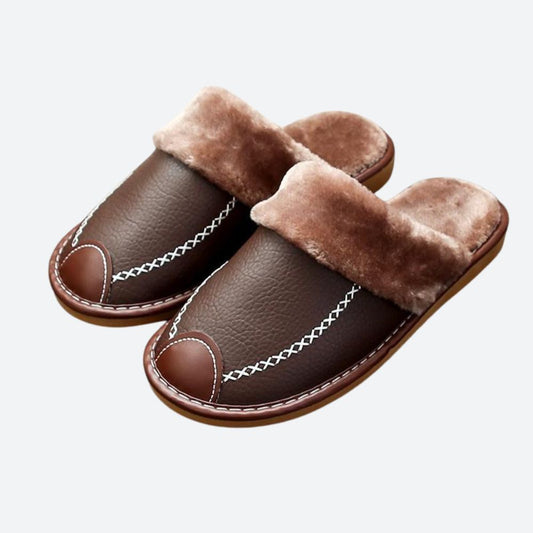 Nash Holt | Brown Leather Fur Lined Slippers For Men