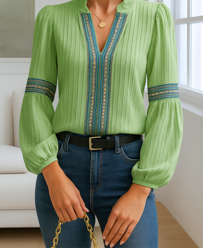 Vivienne Ashcroft | Vintage V-Neck Blouse With Embroidered Trim For Women